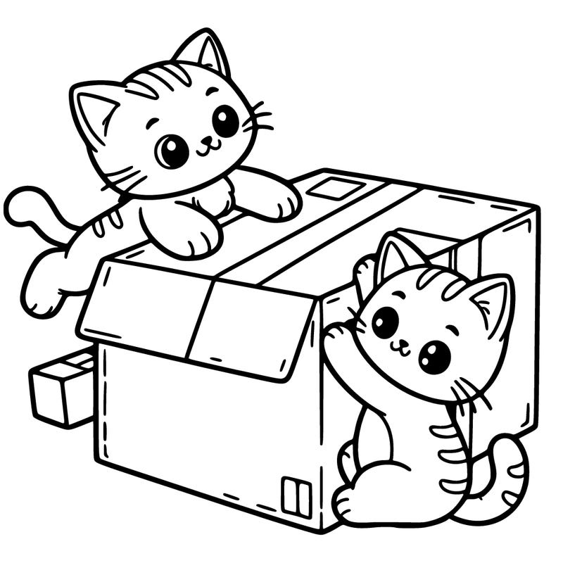 two cute cats playing with a large cardboard box