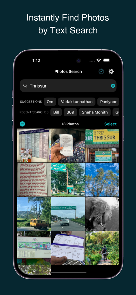 Photos Search by Fluntro - Captura de pantalla de iPhone de la aplicación Photos Search que muestra resultados de imágenes para una búsqueda de texto