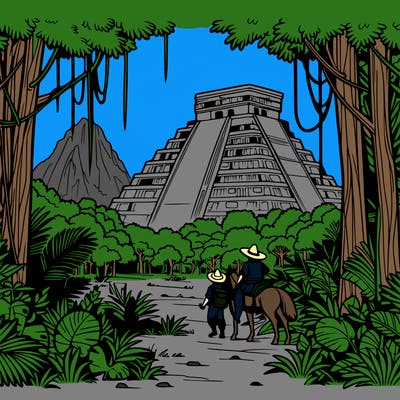 the itza arrive in a dense jungle and discover the imposing ruins of chichen itza, with its majestic pyramids covered in vegetation.