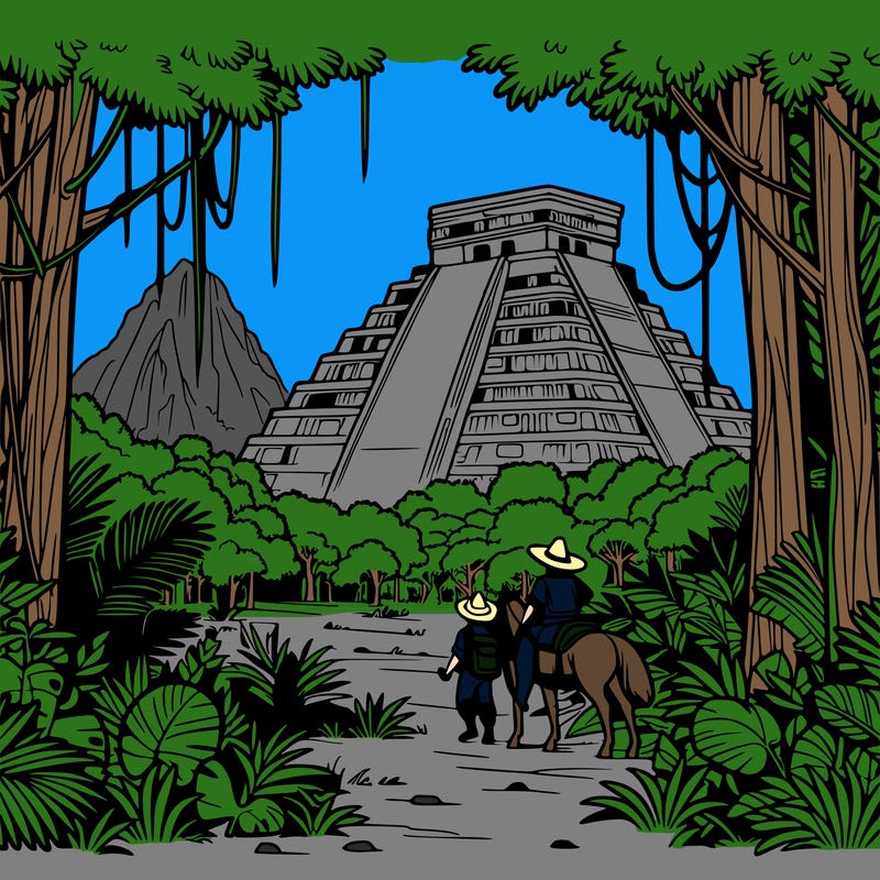 the itza arrive in a dense jungle and discover the imposing ruins of chichen itza, with its majestic pyramids covered in vegetation.