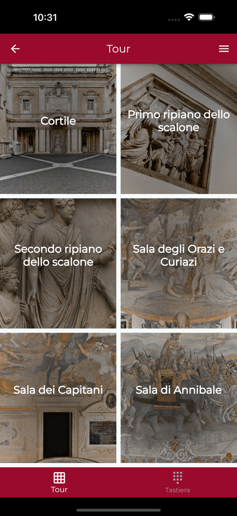 Musei Capitolini Roma - Mobile app interface displaying a grid of different museum rooms for a guided tour of the Capitoline Museum.