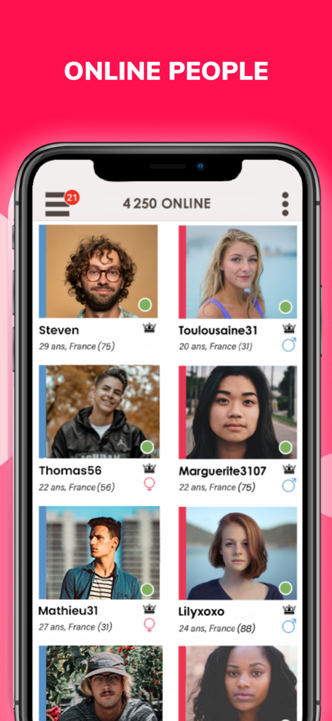 Interfaz de la app de citas Tchatche mostrando una cuadrícula de perfiles de usuarios en línea con fotos y nombres