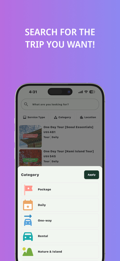 Korehalal Trip : Muslim Travel - Korehalal Trip app search interface displaying tour categories and travel options in South Korea