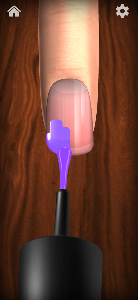 A digital simulation of applying purple nail polish to a fingernail on a wooden surface.