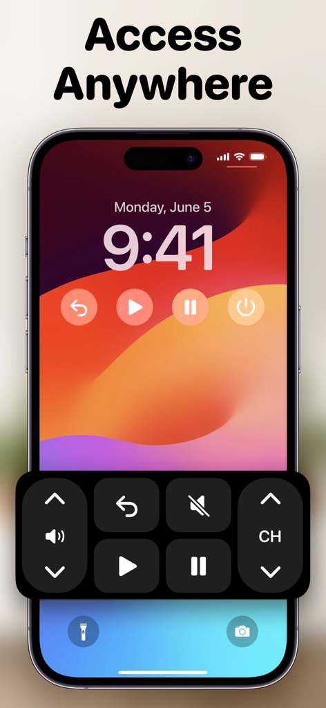 TV Remote +ㅤ - iPhone mostrando controles y widgets de TV Remote plus en la pantalla de bloqueo para acceso rápido
