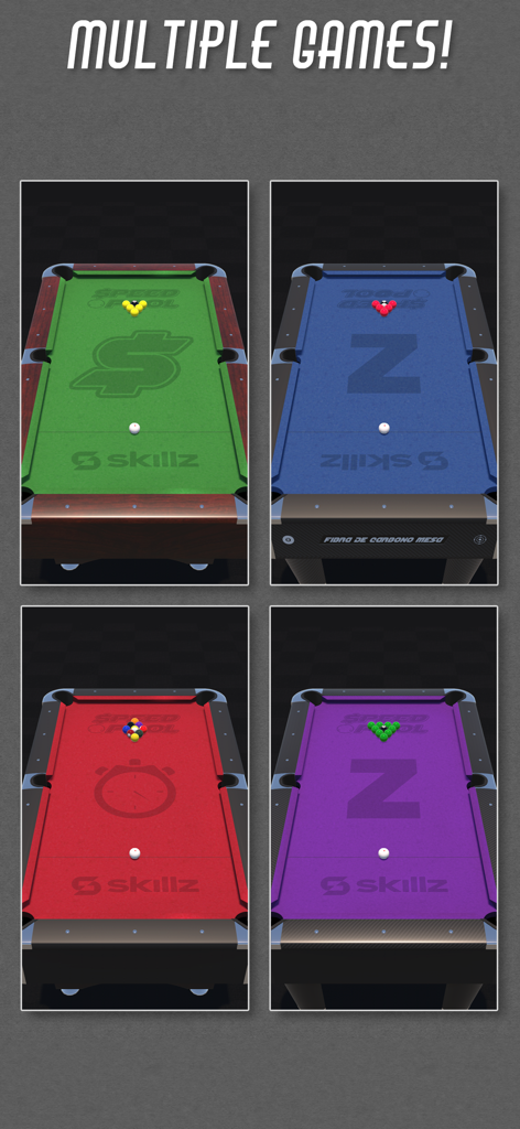 Four different colored pool tables showing variety of game modes in the Speed Pool mobile app