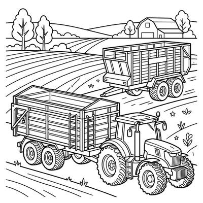 Get ready for an exciting adventure on the farm with this vibrant coloring page featuring powerful tractors and agricultural trailers. Perfect for young artists, this design brings the bustling energy of farm life right to your fingertips.