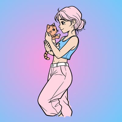 girl with a crop top holding a kitten