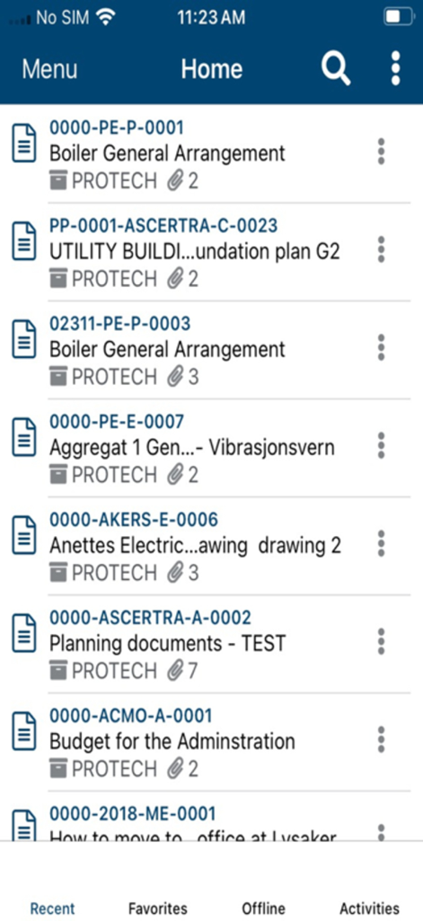 Proarc OnPrem 7.5 - Proarc OnPrem home screen displaying a list of recent technical documents and engineering plans