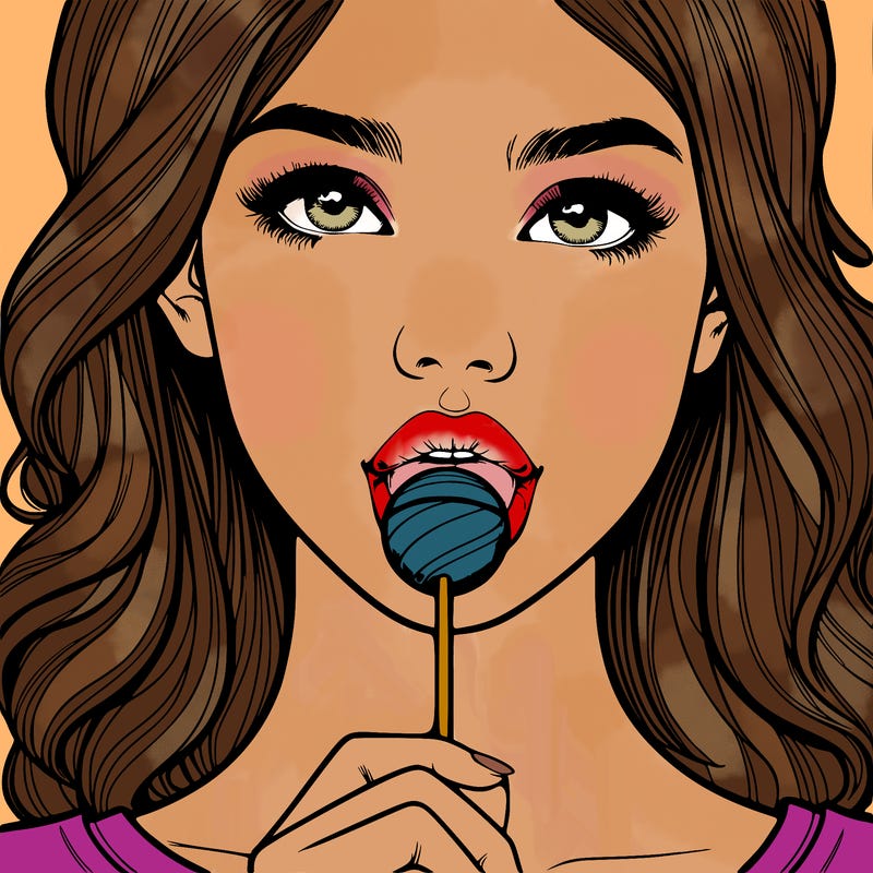 a realistic girl with a lollipop in her mouth