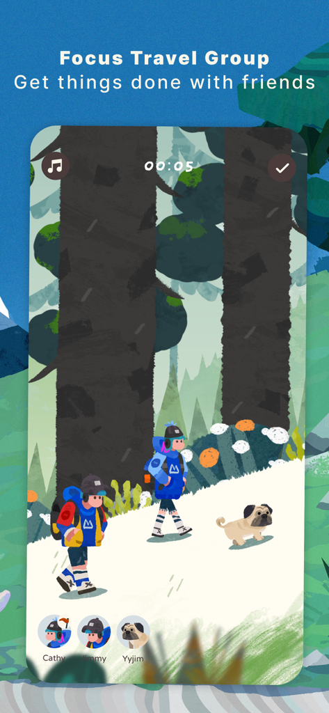 Focus Traveller app interface showing a group focus timer with friends and a dog in a forest setting