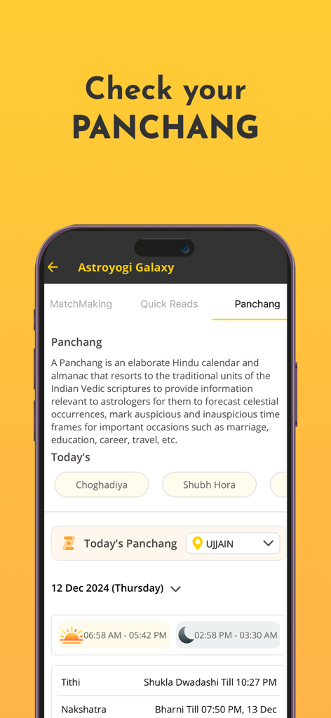 Astroyogi app screen displaying Today's Panchang Hindu calendar with auspicious timings and astrological data.