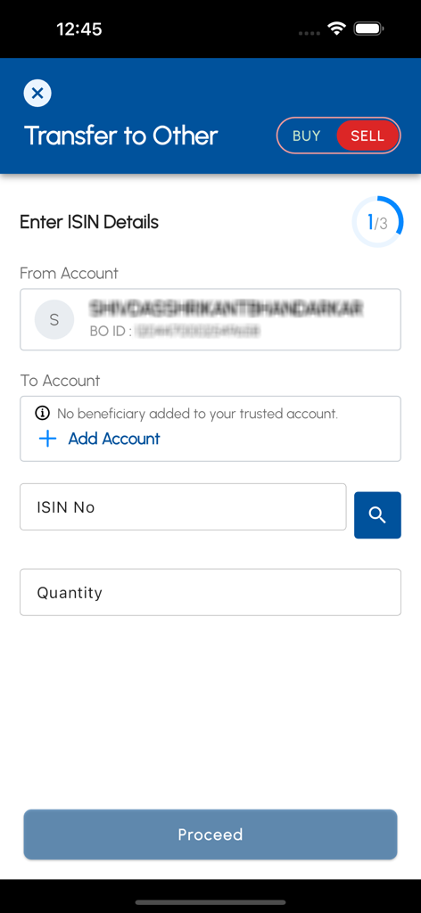 Pantalla de transferencia a otros en la aplicación CDSL MyEasi para ingresar detalles de ISIN y cantidad.