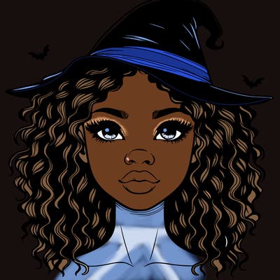 realistic black girl with wavy hair and witch hat and nose and lips
