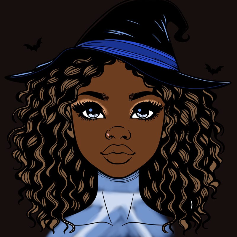 realistic black girl with wavy hair and witch hat and nose and lips