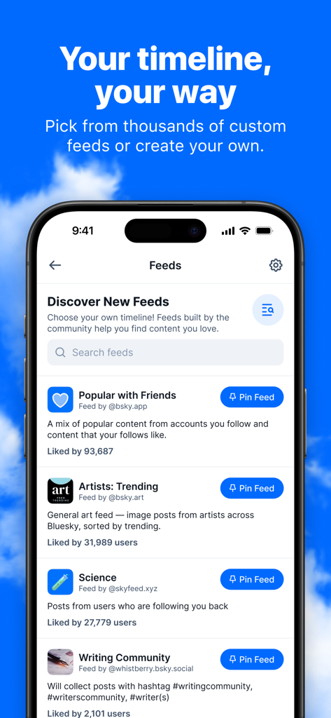 Interface de Bluesky Social montrant l'écran de découverte des fils avec des options pour épingler du contenu créé par la communauté comme la science et l'art.