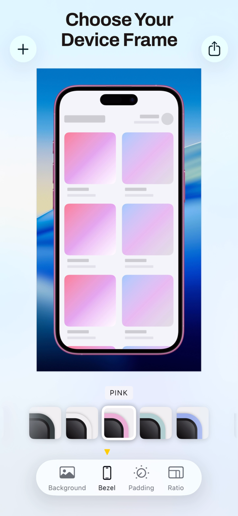 A mobile app interface for choosing a pink iPhone device frame for a screenshot.