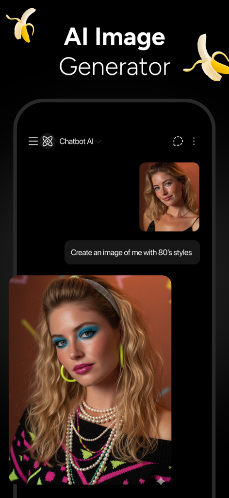 Genie AI chatbot interface showing a portrait transformed into 80s style using the AI image generator