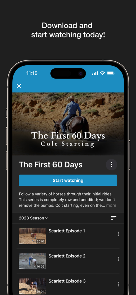 HORSEpro TV - Interfaz de la aplicación HORSEpro TV que muestra una serie de videos de inicio de potros.