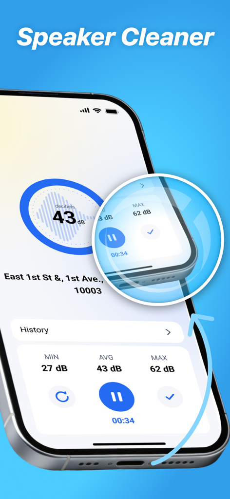 Interfaz de la aplicación Clear Wave que muestra la utilidad de limpieza de altavoces y las lecturas del medidor de decibelios