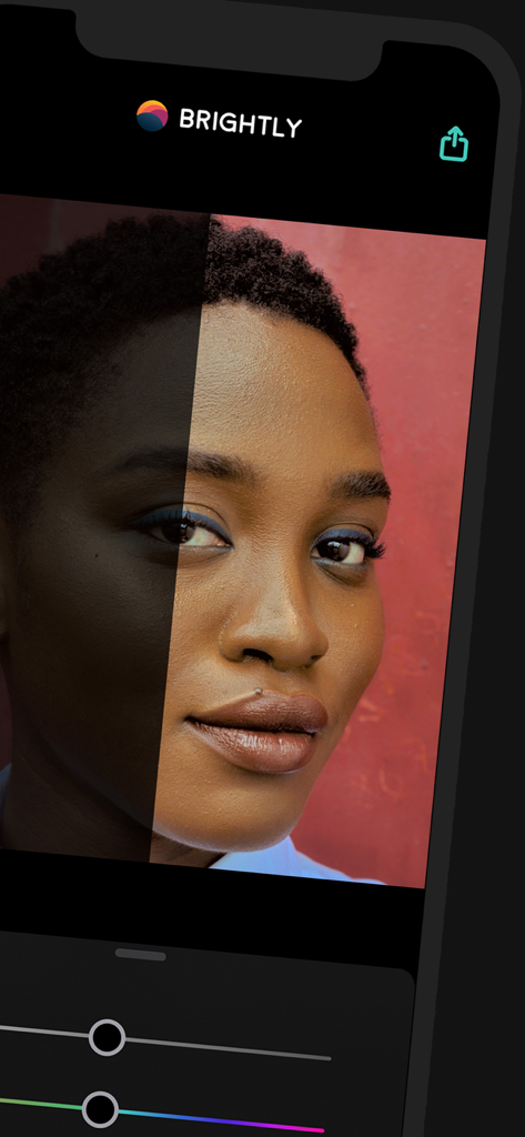A split screen demonstration of a portrait photo being brightened and enhanced using the Brightly app