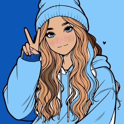 a teenage girl in a beanie, oversized sweatshirt, wavy long hair, and is showing a ✌️