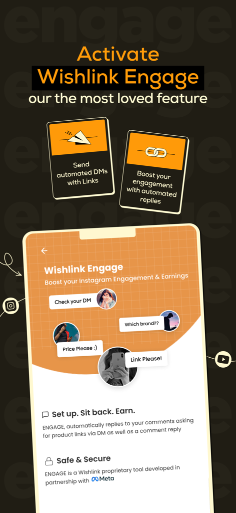 Wishlink Creator app interface highlighting the Wishlink Engage feature for automated Instagram DM replies and link sharing.