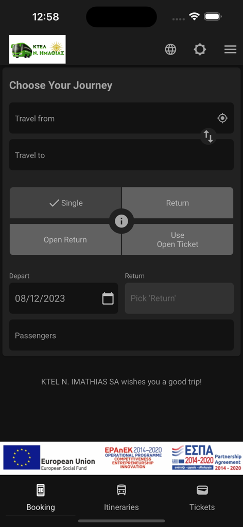 Mobile booking interface for the KTEL Imathias bus service showing journey selection options.