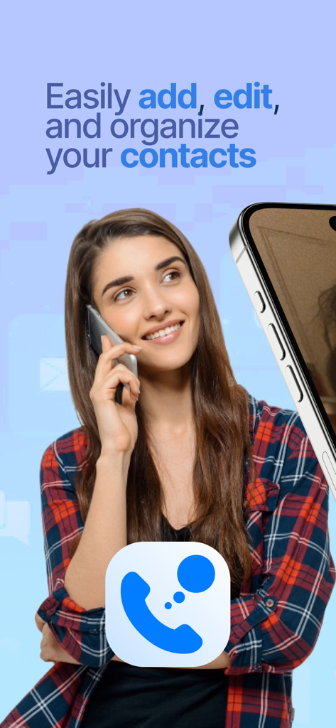 Una mujer profesional utilizando la aplicación New Contact Plus para añadir y editar contactos