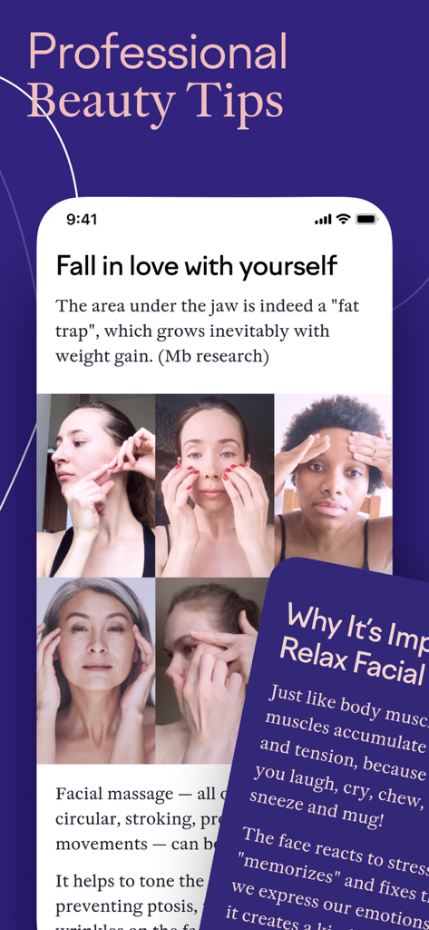 Glowbe – Face Yoga & Massage - Interface of the Glowbe app showing professional beauty tips and photos of women performing facial massage exercises