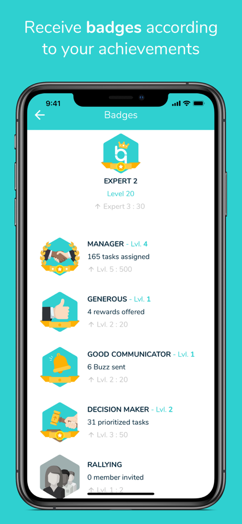 Beesbusy app achievements screen showing badges for manager and decision maker levels