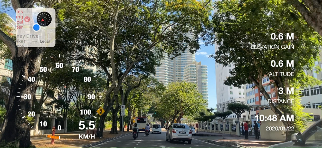 Motion Log Cam - Uma gravação de vídeo do painel de um veículo mostrando um velocímetro em tempo real, mapa e sobreposição de dados de elevação.