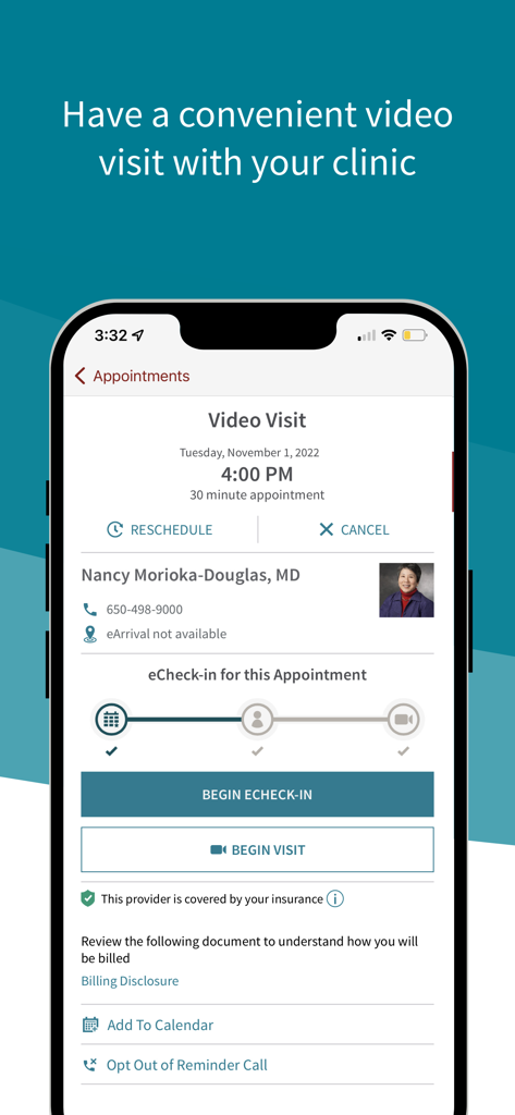 Stanford Health Care MyHealth app video visit appointment screen