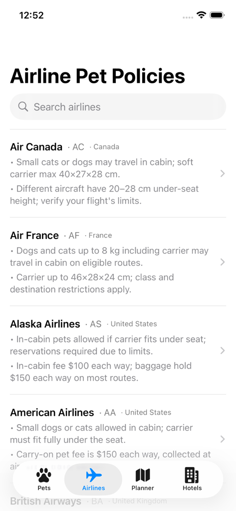 Pet Travel Planner - Air CanadaとAir Franceの規定を示す、Pet Travel Plannerアプリの航空会社ペット規定リスト