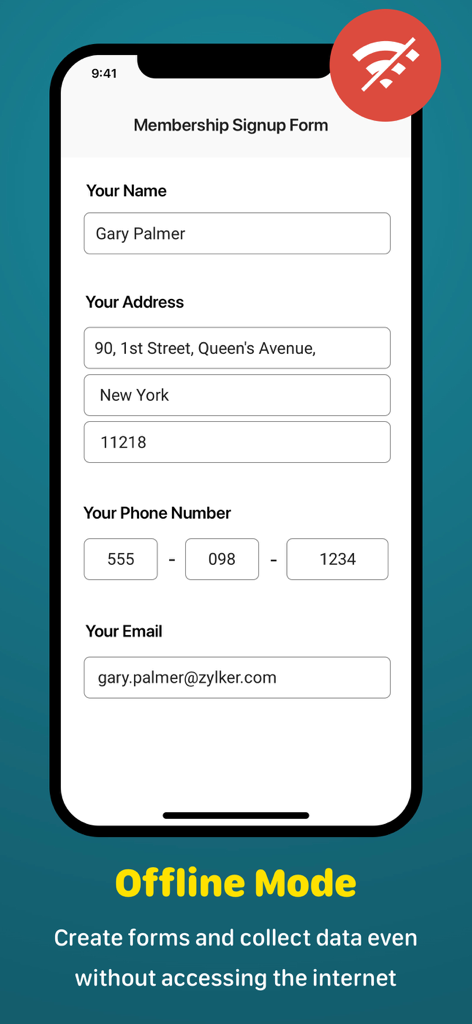Zoho Forms mobile app interface showing a membership signup form working in offline mode