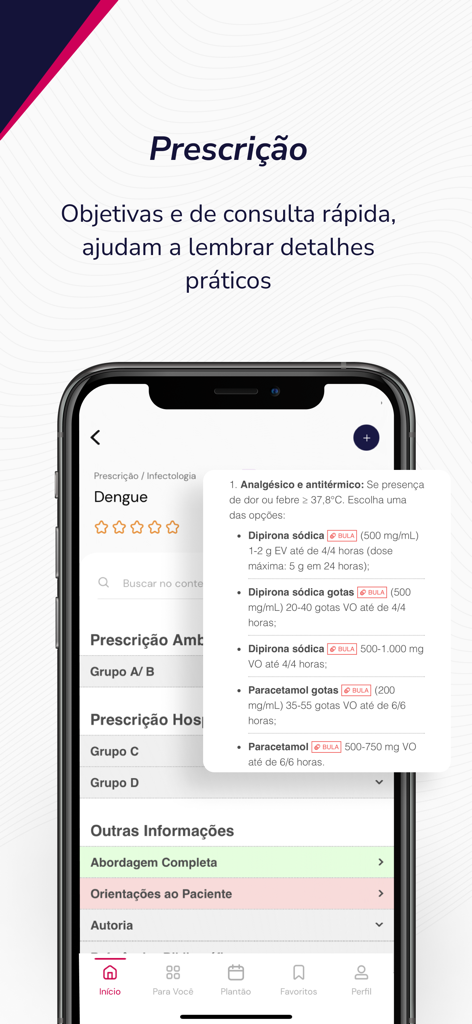 Interface of the Afya Whitebook app showing medical prescription details for Dengue in Portuguese.
