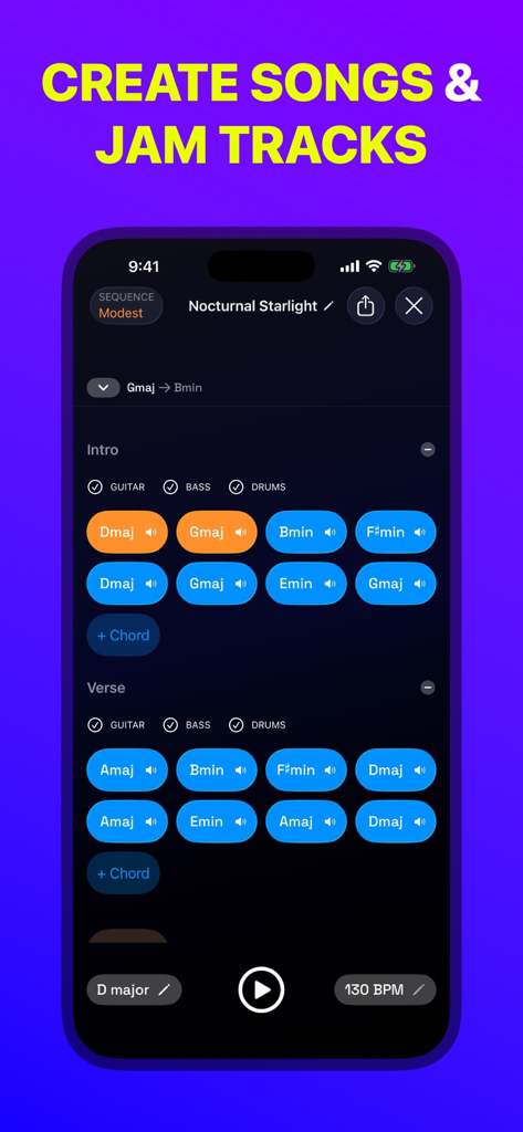 Guitar Wiz: Guitarist Toolkit - Guitar Wiz app interface showing the Song Maker feature with chord progressions for intro and verse sections