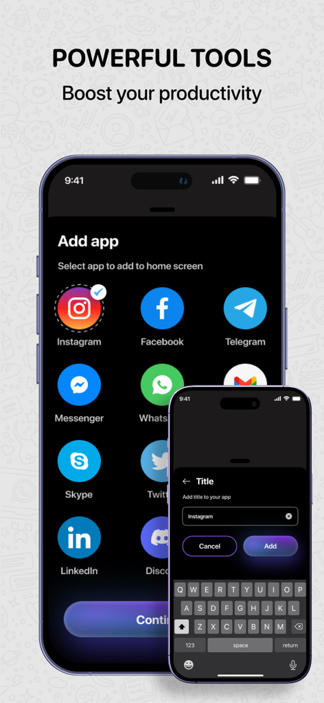 Dual Space & Parallel Accounts - 複数のアカウント管理のために複製されたソーシャルメディアアカウントを選択および命名するオプションを表示するデュアルスペースアプリの設定画面