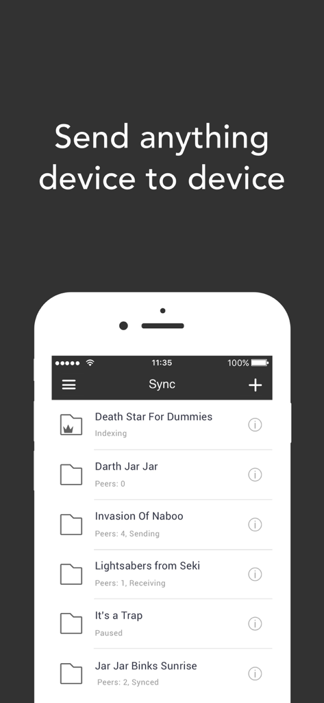 Resilio Sync - Resilio Sync mobile app interface showing a list of folders syncing directly between devices