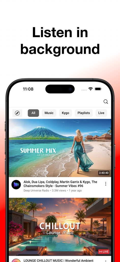 ProTube: Block Ads on Video - Captura de tela do aplicativo ProTube mostrando reprodução de música em segundo plano no iPhone
