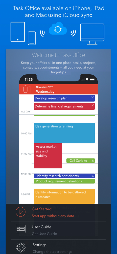Task Office: to-do, calendar - Task Office app welcome screen showing daily calendar view and iCloud synchronization across iPhone iPad and Mac