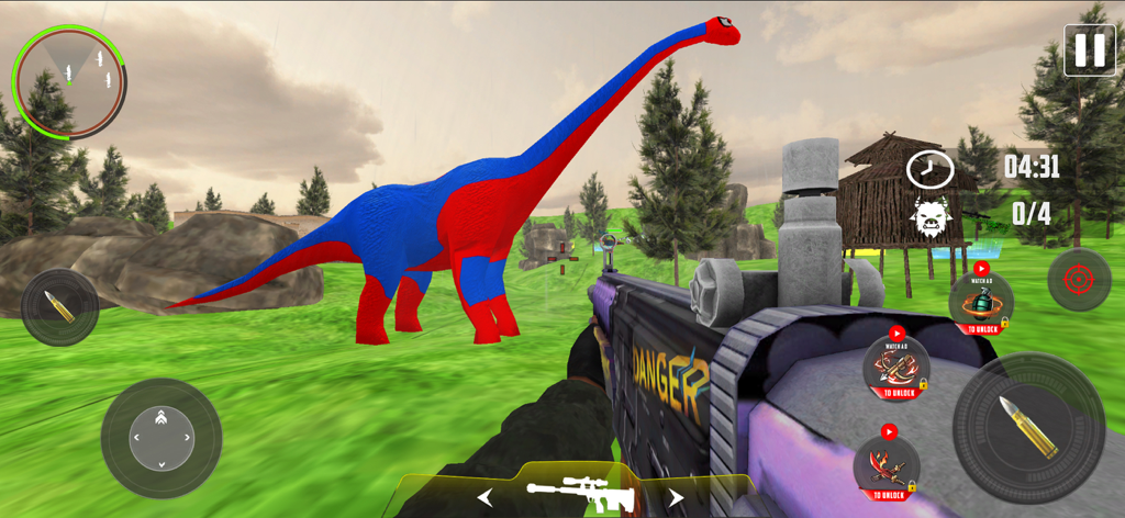 Animal Hunter: Dinosaur Games - First person perspective of a hunter aiming a gun at a large red and blue dinosaur in an open field