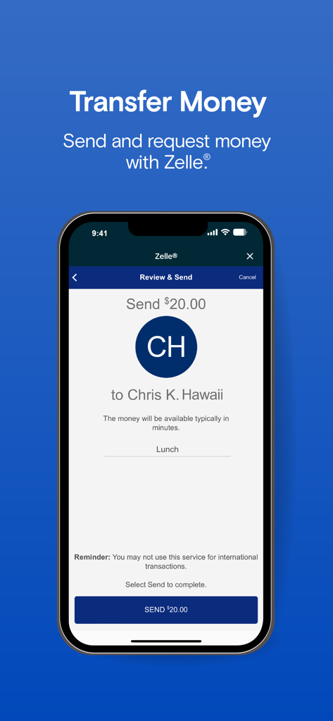 Bank Of Hawaii Mobile App - Bank of Hawaii mobile app interface for sending money with Zelle.