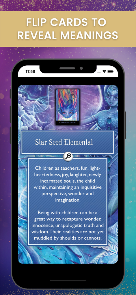 Beauty Everywhere Oracle Cards - Detailed meaning of a Star Seed Elemental oracle card shown on a phone screen