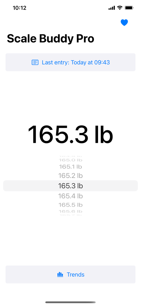 Body Scale Buddy Pro - Écran d'entrée de poids minimaliste pour Body Scale Buddy Pro affichant une valeur de 165,3 lb