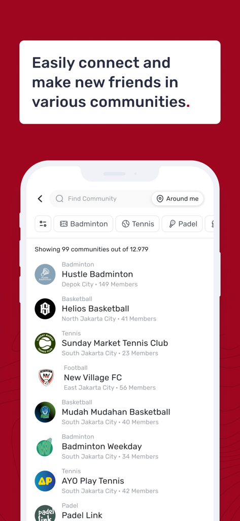 Interfaccia dell'app AYO che mostra un elenco di community sportive locali per badminton, basket e tennis