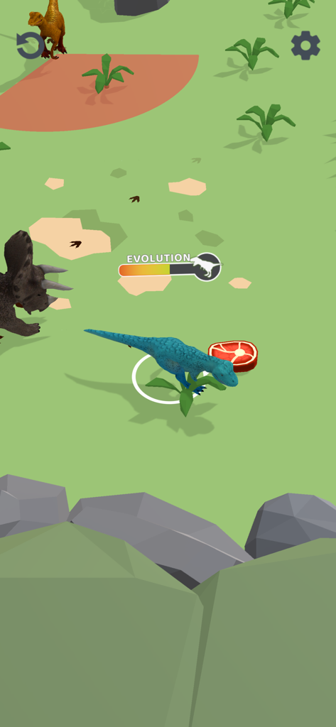 Dino Evolution 3D - A blue dinosaur in a green field next to a meat item with an evolution progress bar above it