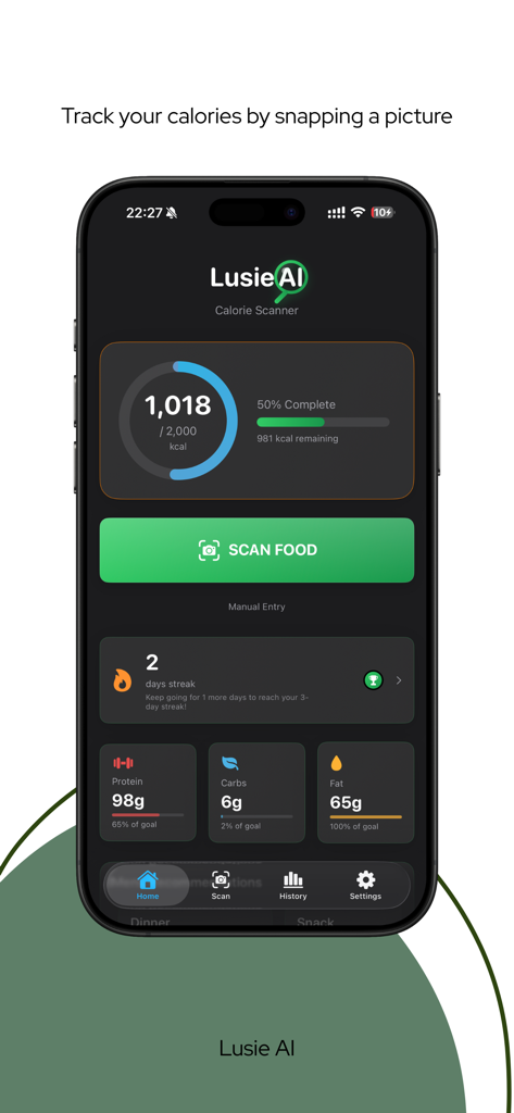 Pantalla principal de la aplicación de seguimiento de calorías Lusie AI que muestra el progreso diario de calorías y macros.