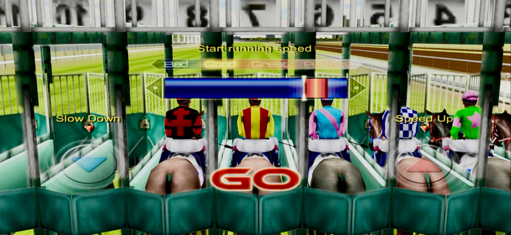 iHorse Racing: horse race game - Horse racing jockeys in starting stalls with speed control meter interface.