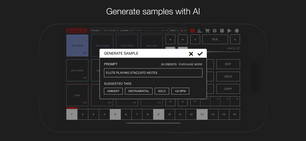 Hypertron - App móvil Hypertron mostrando la interfaz de generación de samples por IA.
